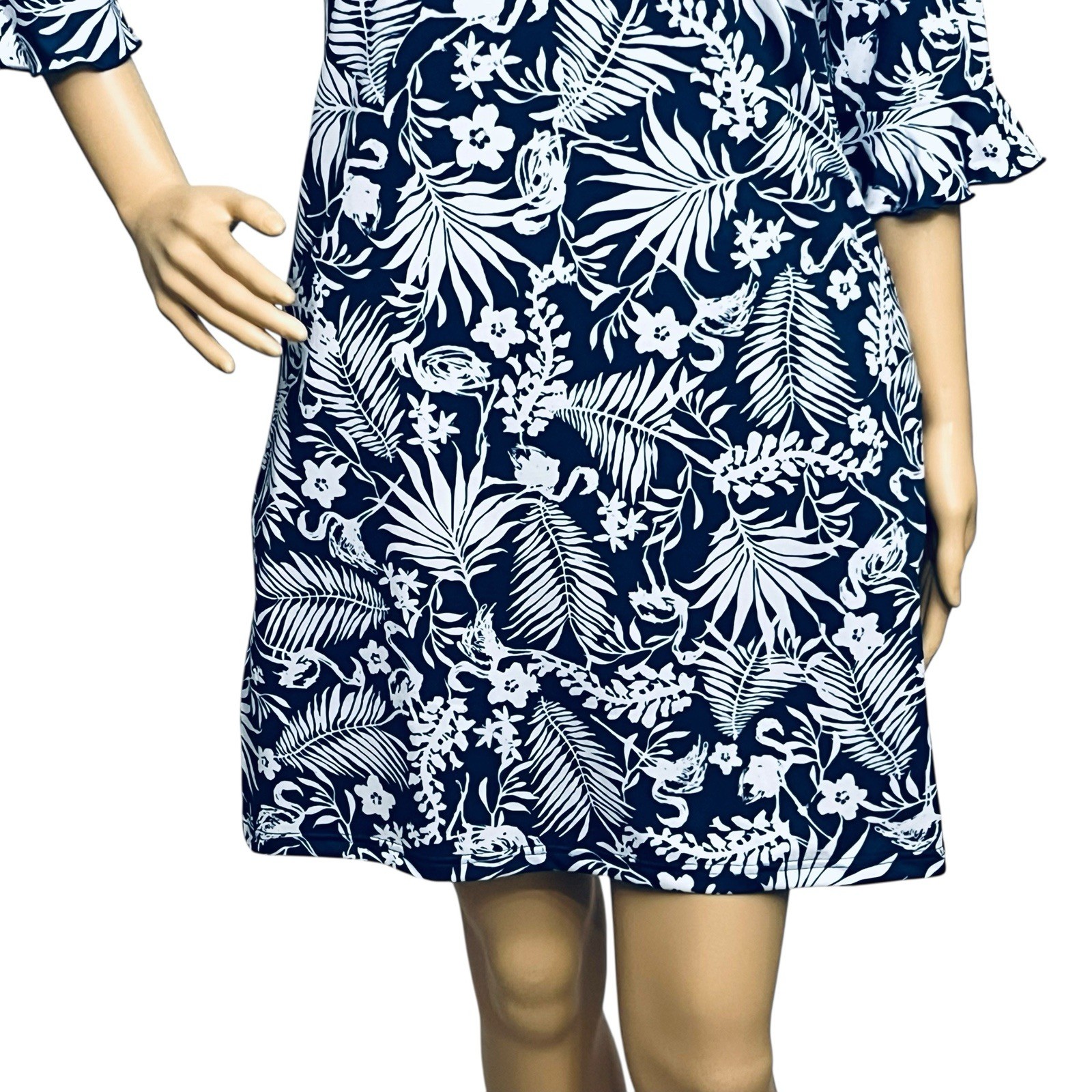 Ana Clare Dress UPF 50+ Tropical Floral Print Gold/Button 3/4 Bell Sleeve Sz S
