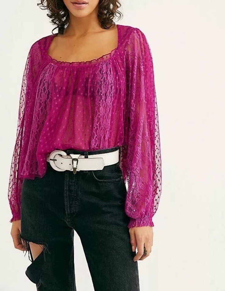 Free People A Little Love Long Sleeve SHEER Lace Top Raspberry Size Large NWT