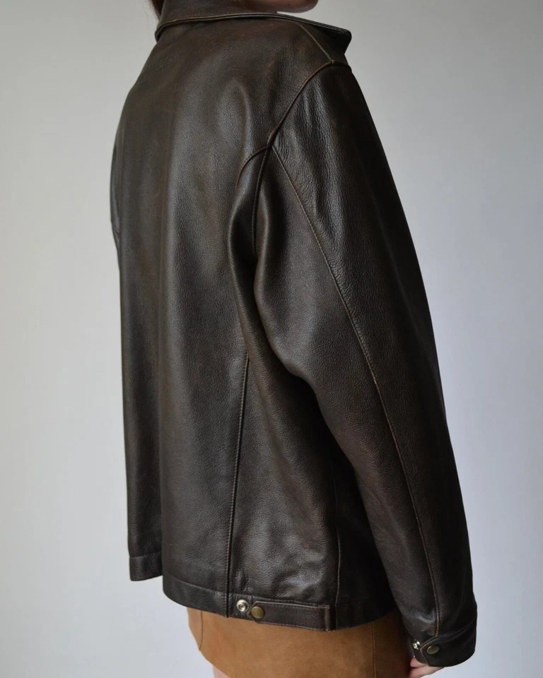 Womens Brown Pebbled Oversized Leather Jacket Baggy Vintage Biker Style Zip Coat