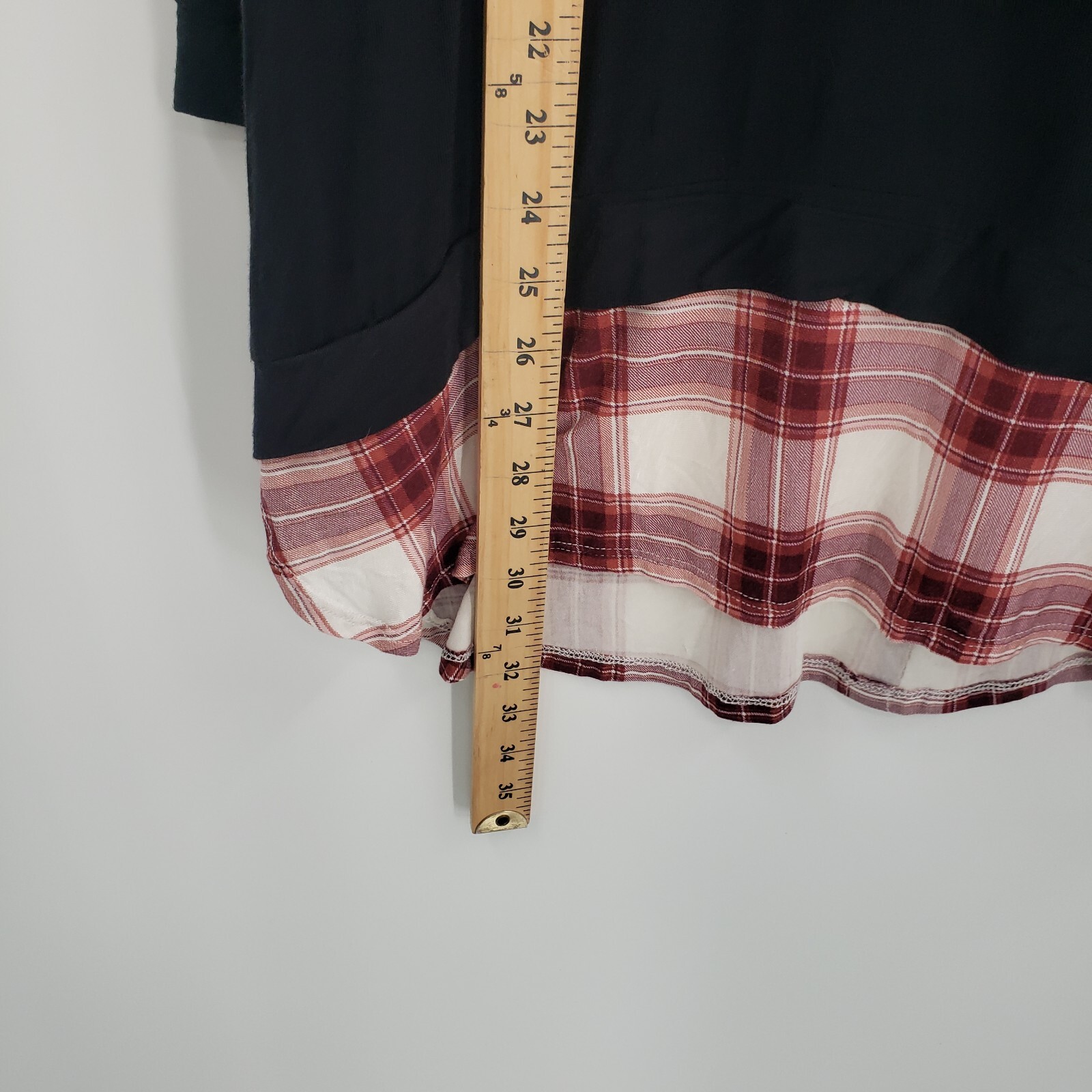 Como Vintage Knit Top Womens LARGE Black Plaid Shirt Tail Hem 3/4 Sleeve Shirt