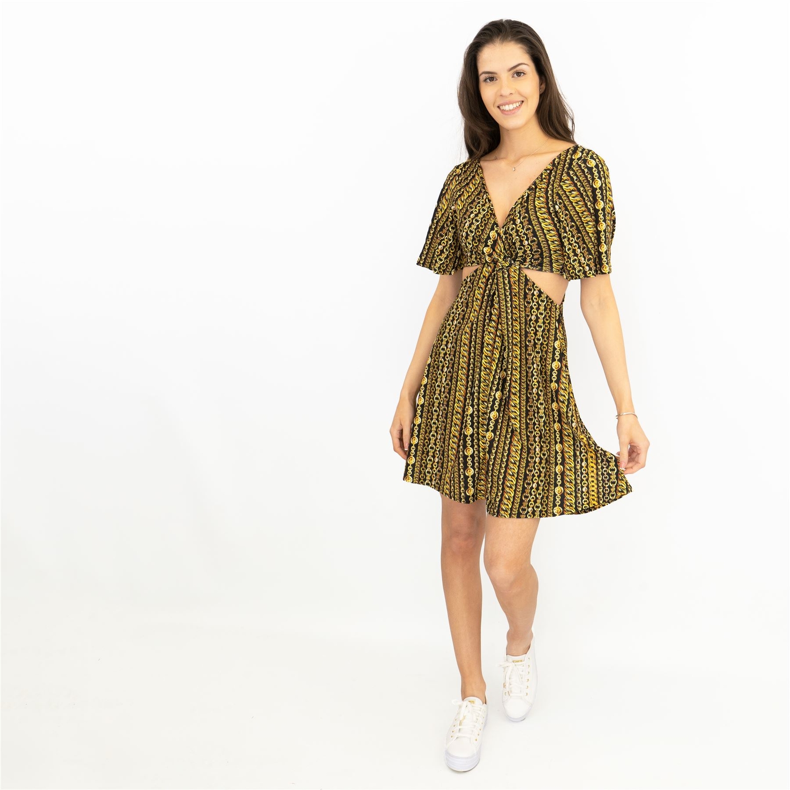 Karen Millen Dress Womens Cut Out Chain Print Jersey Mini Black Holiday Summer