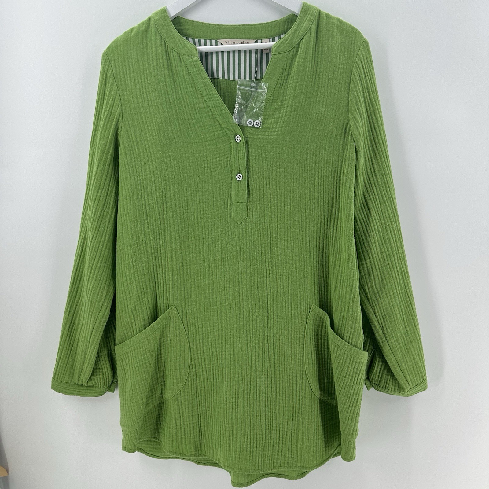 Soft Surroundings Blouse Womens Sz M Green Tunic Crinkle Gauze Cotton AB36