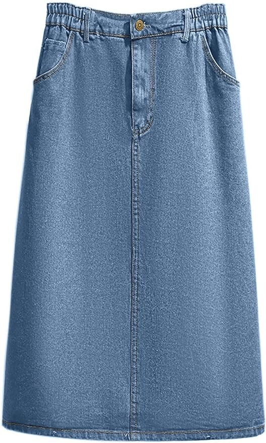 Women’s Summer Casual Elastic Waist Pockets Work Midi Denim A Line Skirt