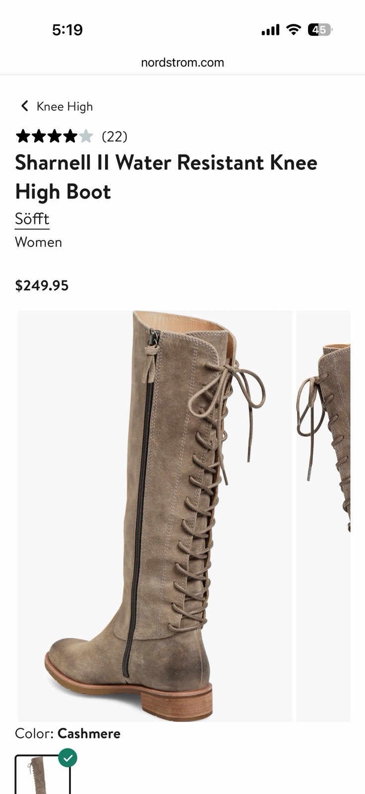 Sofft Sharnell II Water Resistant Suede Knee High Lace-Up/Zipper Boots Gray