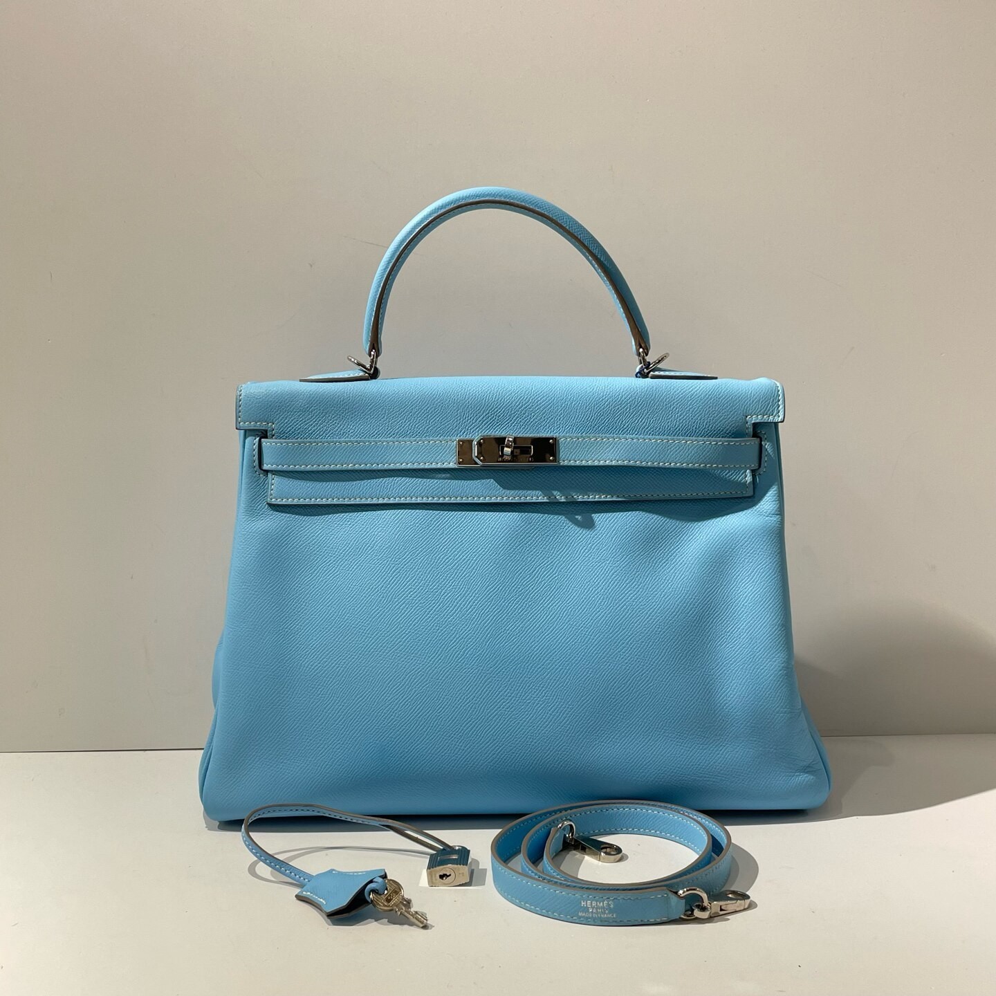 Hermes Kelly 35 Candy Blue Denim Blue Silver Epsom Leather Bag