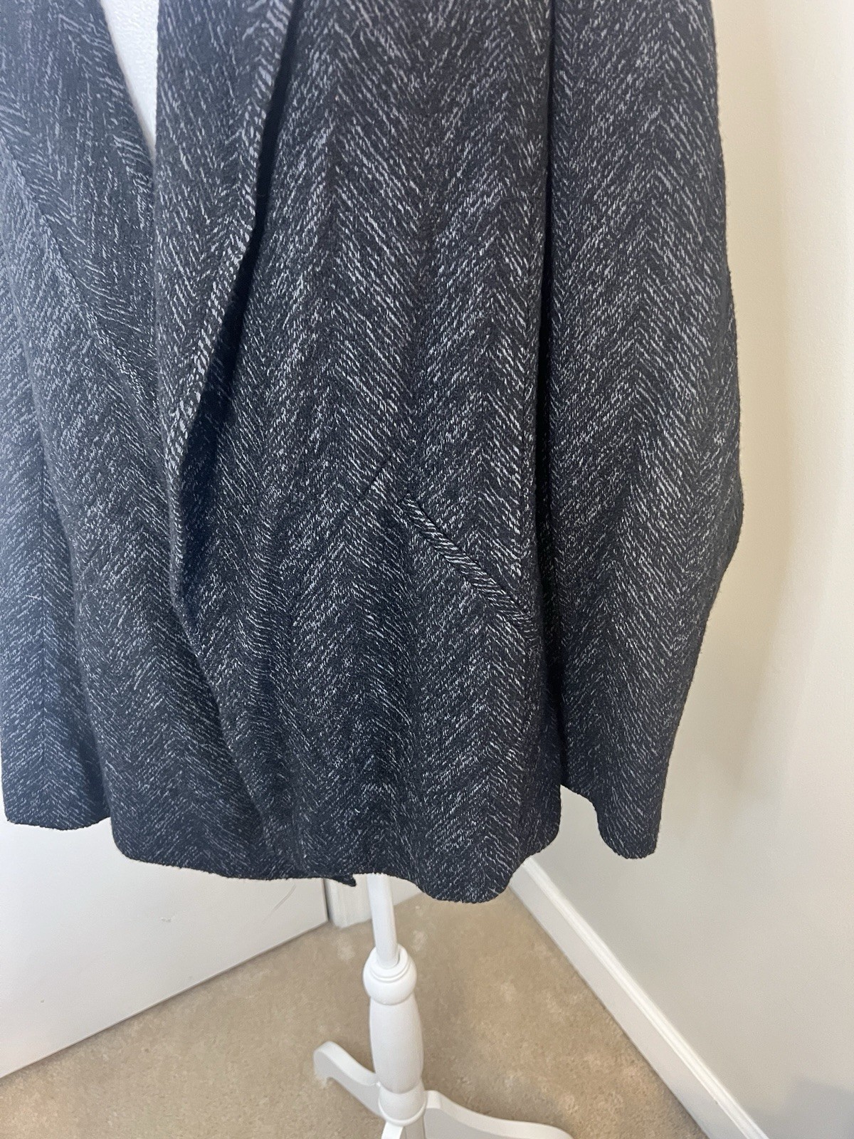 Eileen Fisher Herringbone Gray And Black Black Wool Blend Blazer Jacket Large