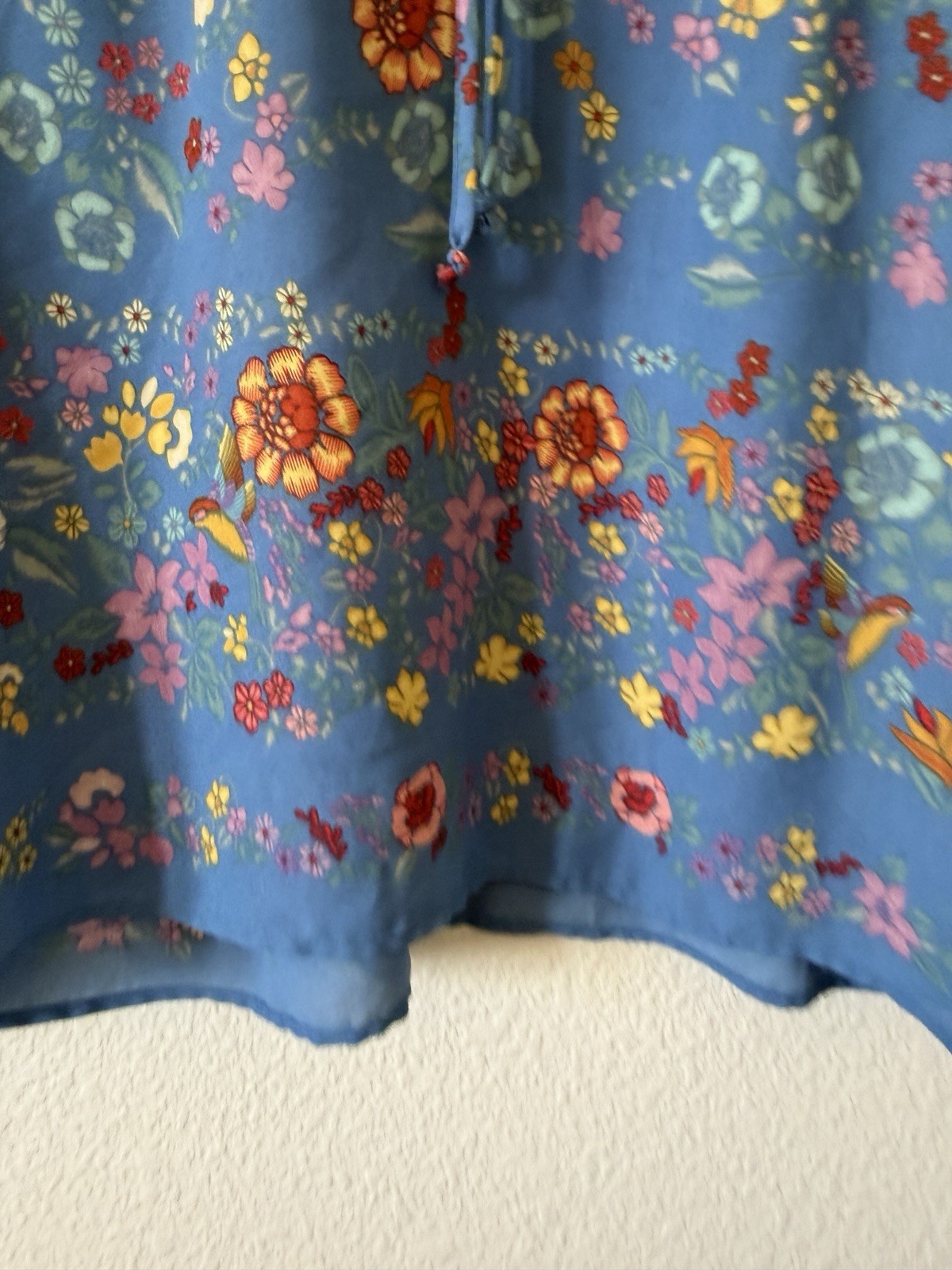 Dalia Women’s Blue Floral Long Sleeve Peasant Blouse Tie Neck Boho Top Size L
