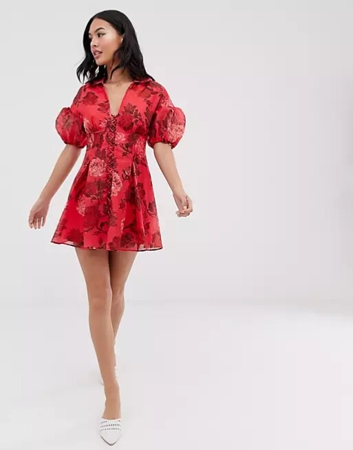 C/MEO Collective *Variation Red Floral Mini Dress Size XS Short Puff Sleeve