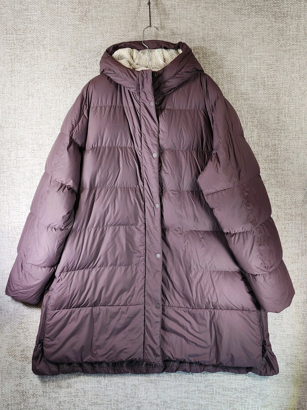 REI Down Parka Womens 3X Dusty Plum Sherpa Lined Hood Full Zip Snap