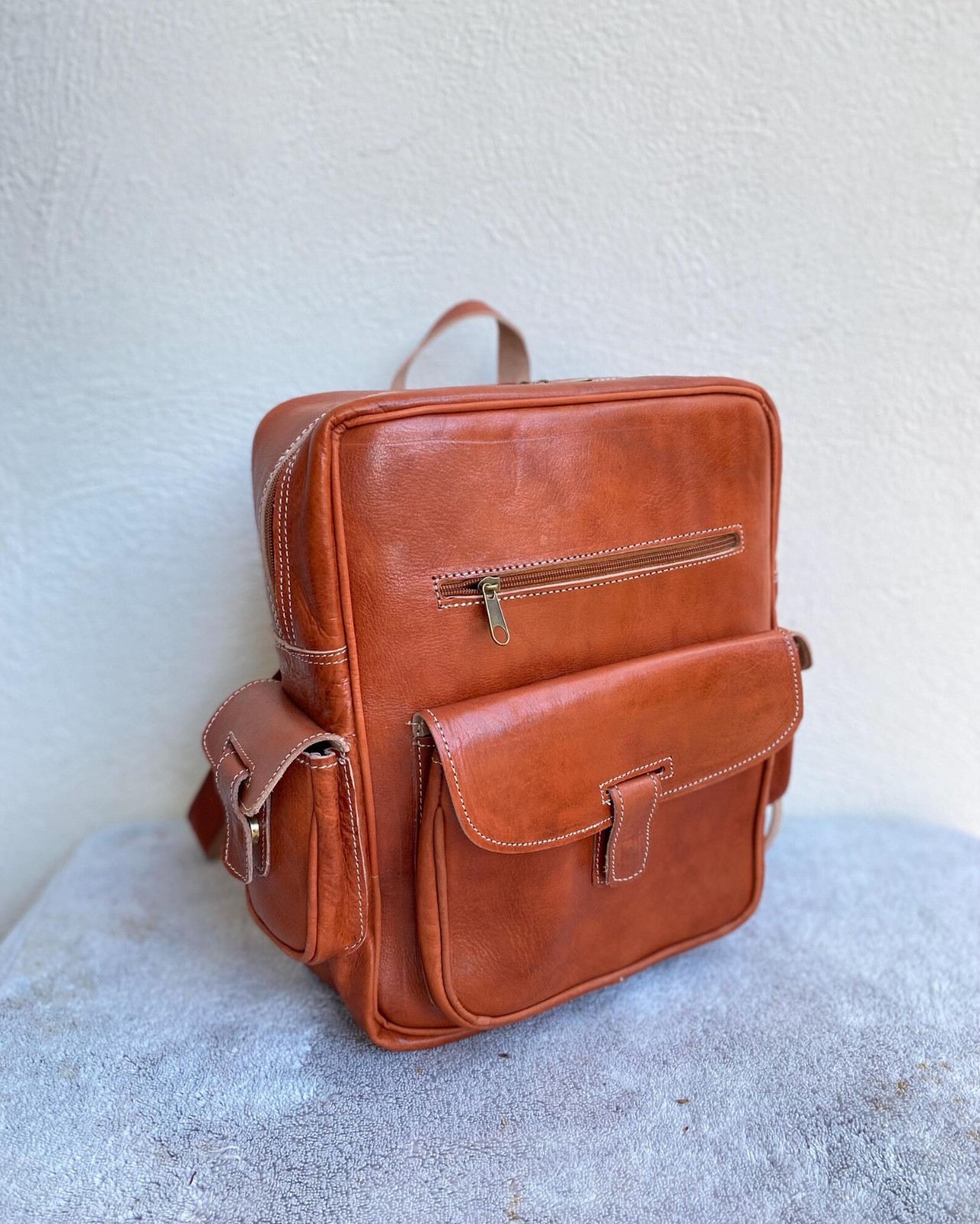Handcrafted Genuine Leather Square Backpack – Cognac | 38cm x 30cm