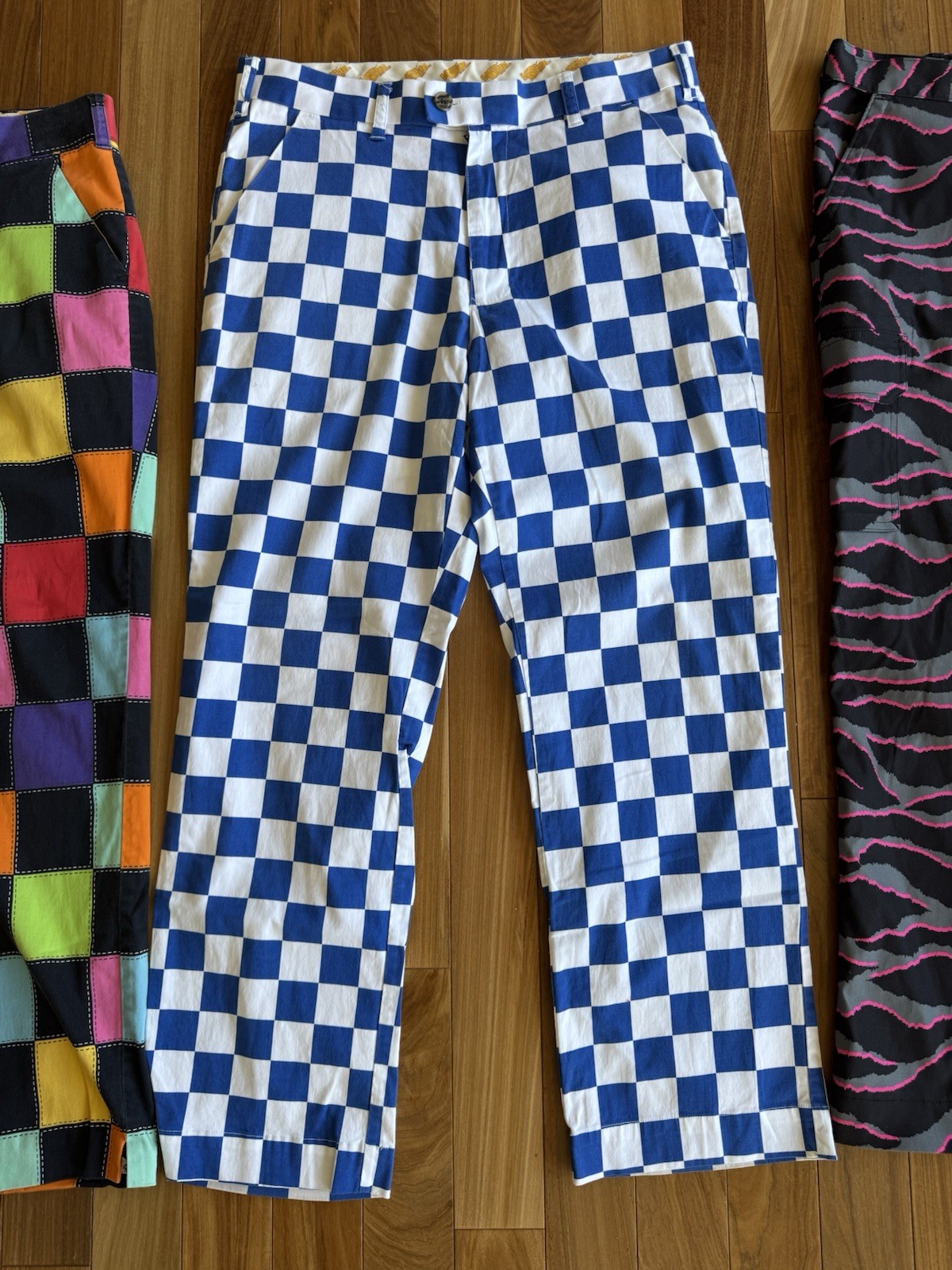 Loudmouth Men’s Golf Pants Sz 34 LOT Of 3 Pink Tiger & Rainbow& Blue Checkered