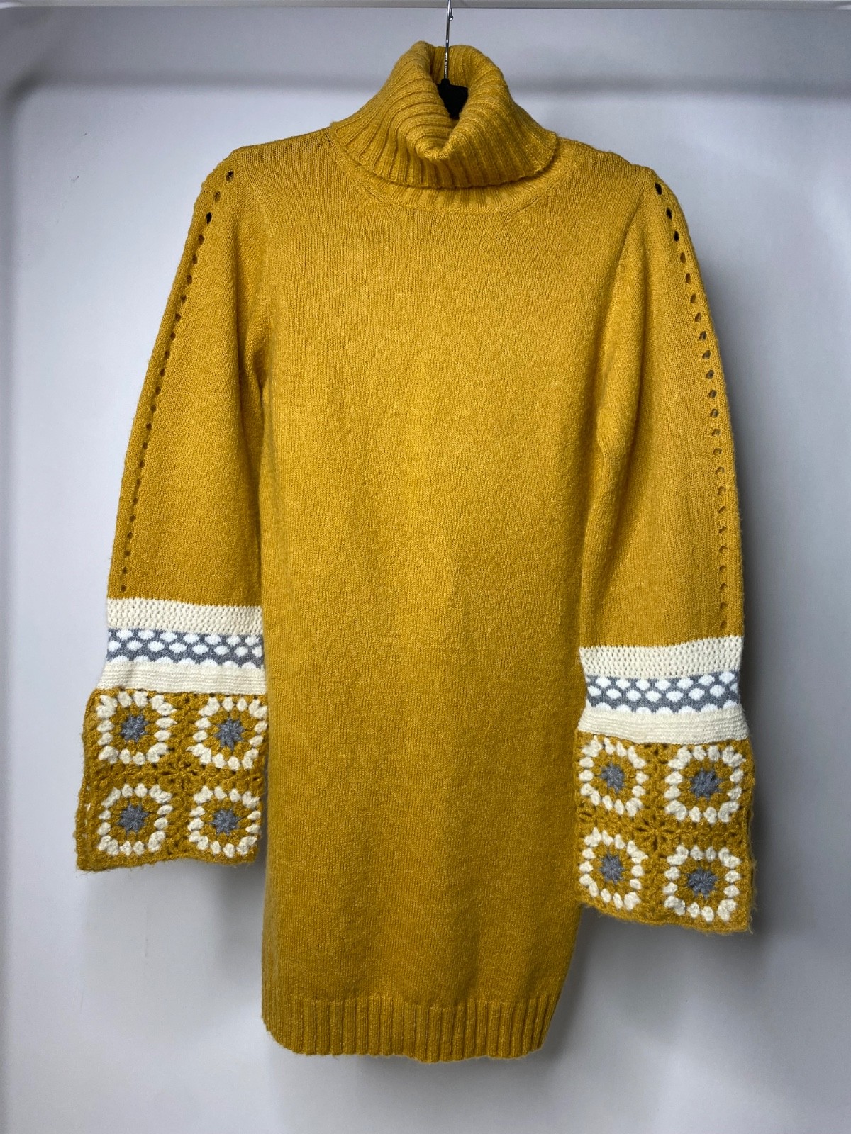 Lulus Women’s XS It’s Groovy Mustard Yellow Multi Knit Turtleneck Sweater Dress