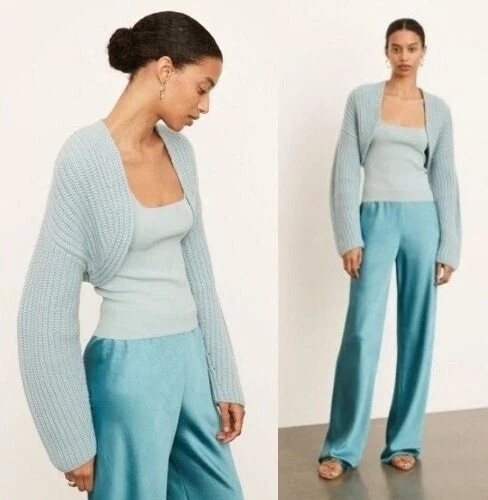 VINCE Lofty Rib Bolero Shrug Cardigan in Pale Blue Wool Cashmere Crop M/L – NWT