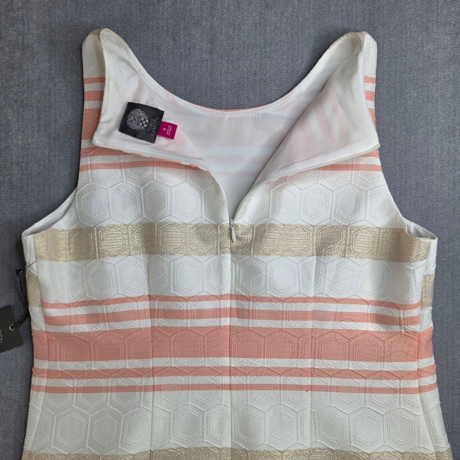 NWT Vince Camuto Sheath Dress Womens 8 White Coral Gold Metallic Striped Preppy