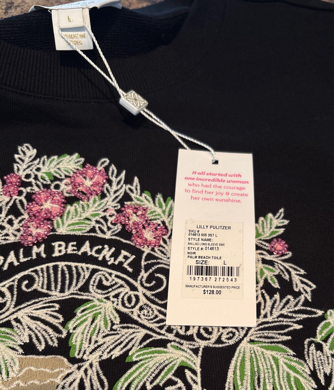 NWT Lilly Pulitzer Ballad Embroidered Sweatshirt LRG/XL in Palm Beach Toile Noir