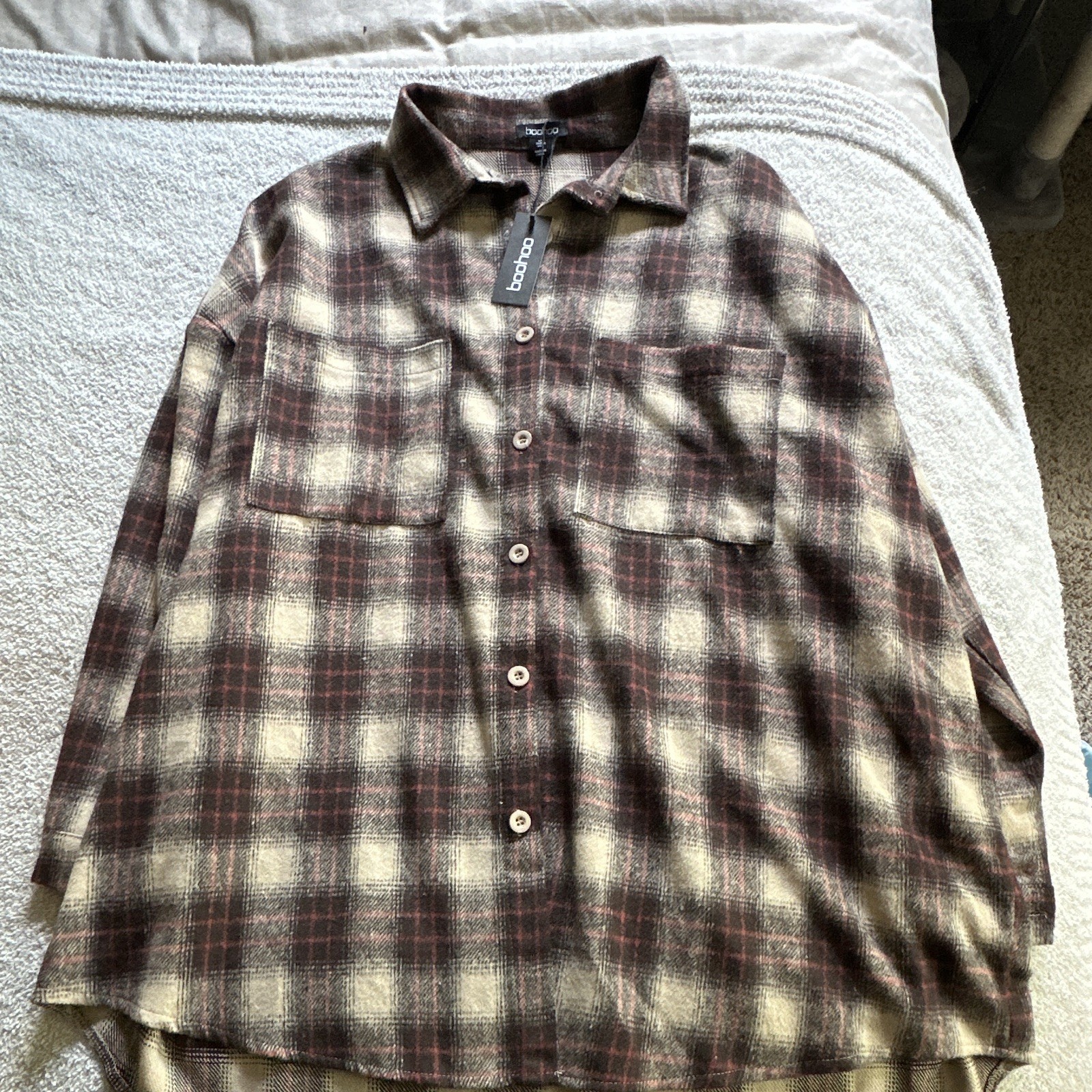 boohoo Women’s Oversized Flannel Long Sleeve Button-Up Shirt Brown Beige US 4