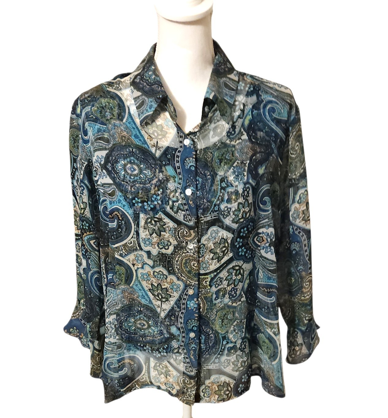 Nicola Sheer Button Up Blouse w/ Ruched Tank Top Blue Paisley Womens Size XL