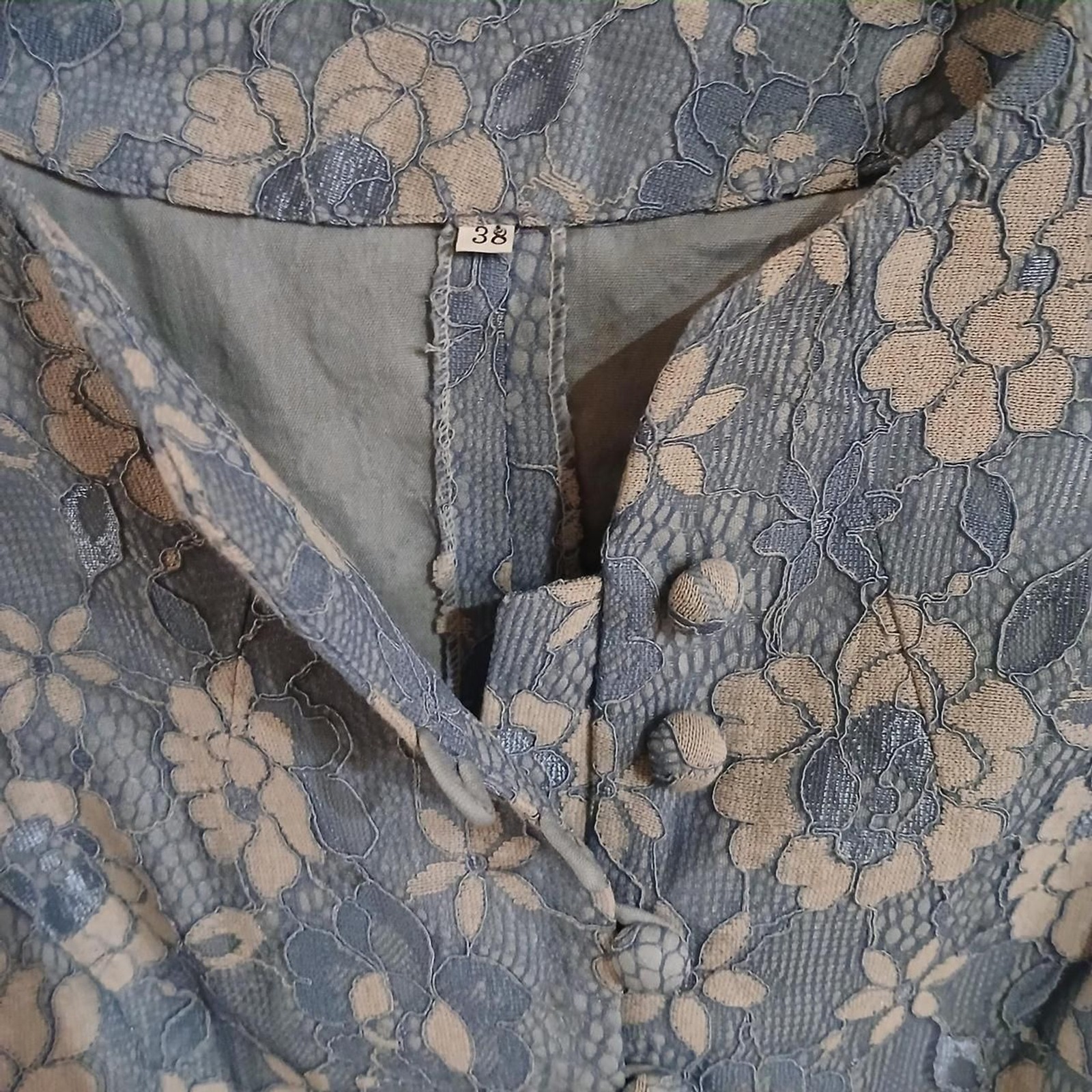 Italian blue lace button-up blouse floral design sheer puff sleeves 38/6 Regency