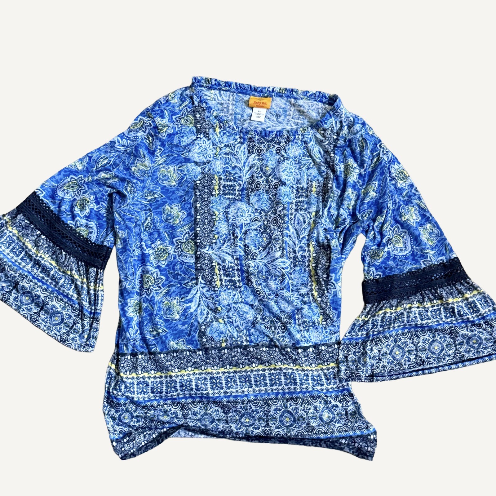 RUBY RD 2X Top Unique BOHO Lightweight Crochet Ruffles Blue Floral Bell Sleeves