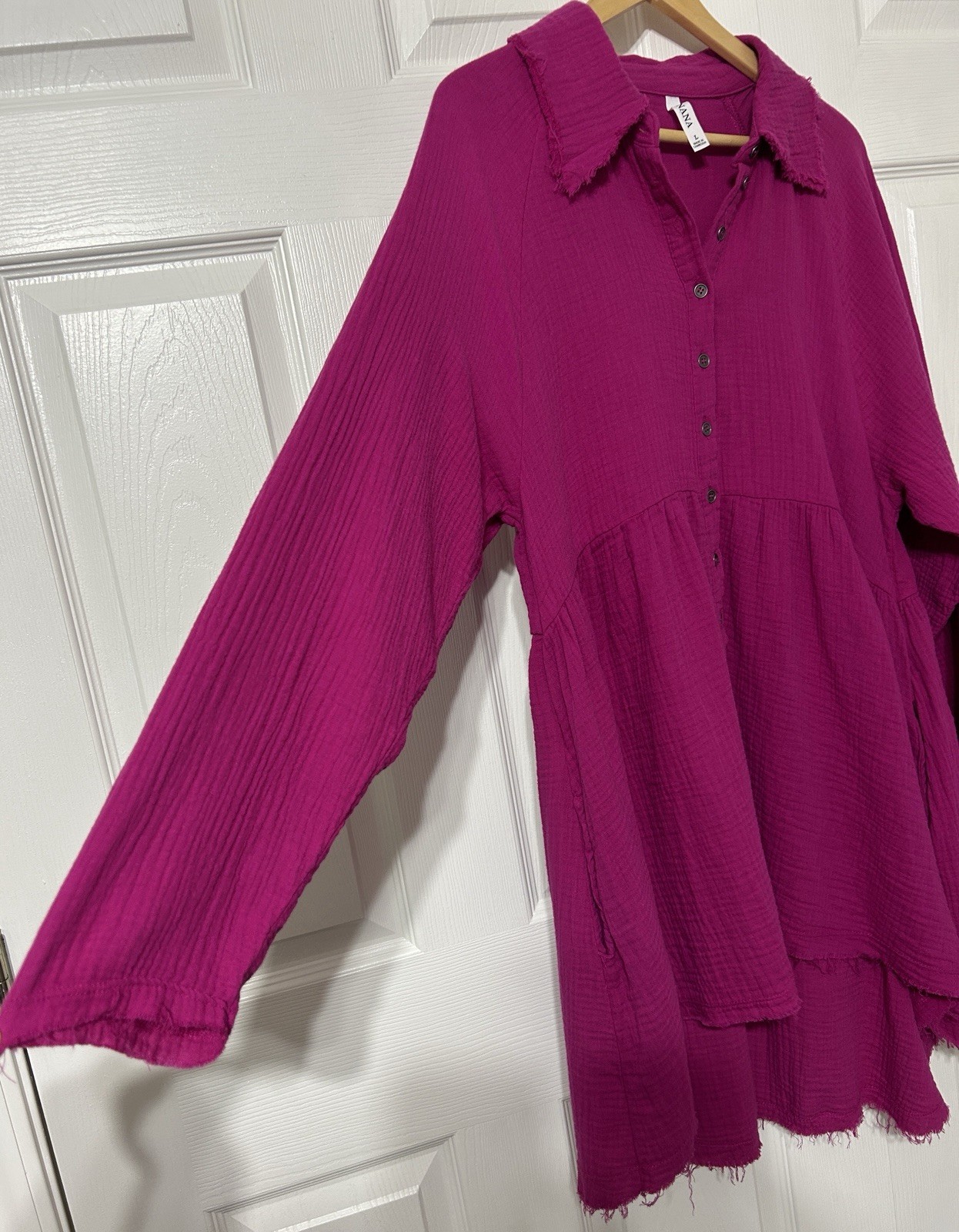 ZENANA Muslin Gauze Button Down Shirt Tunic Magenta Purple Cotton Pockets Size L