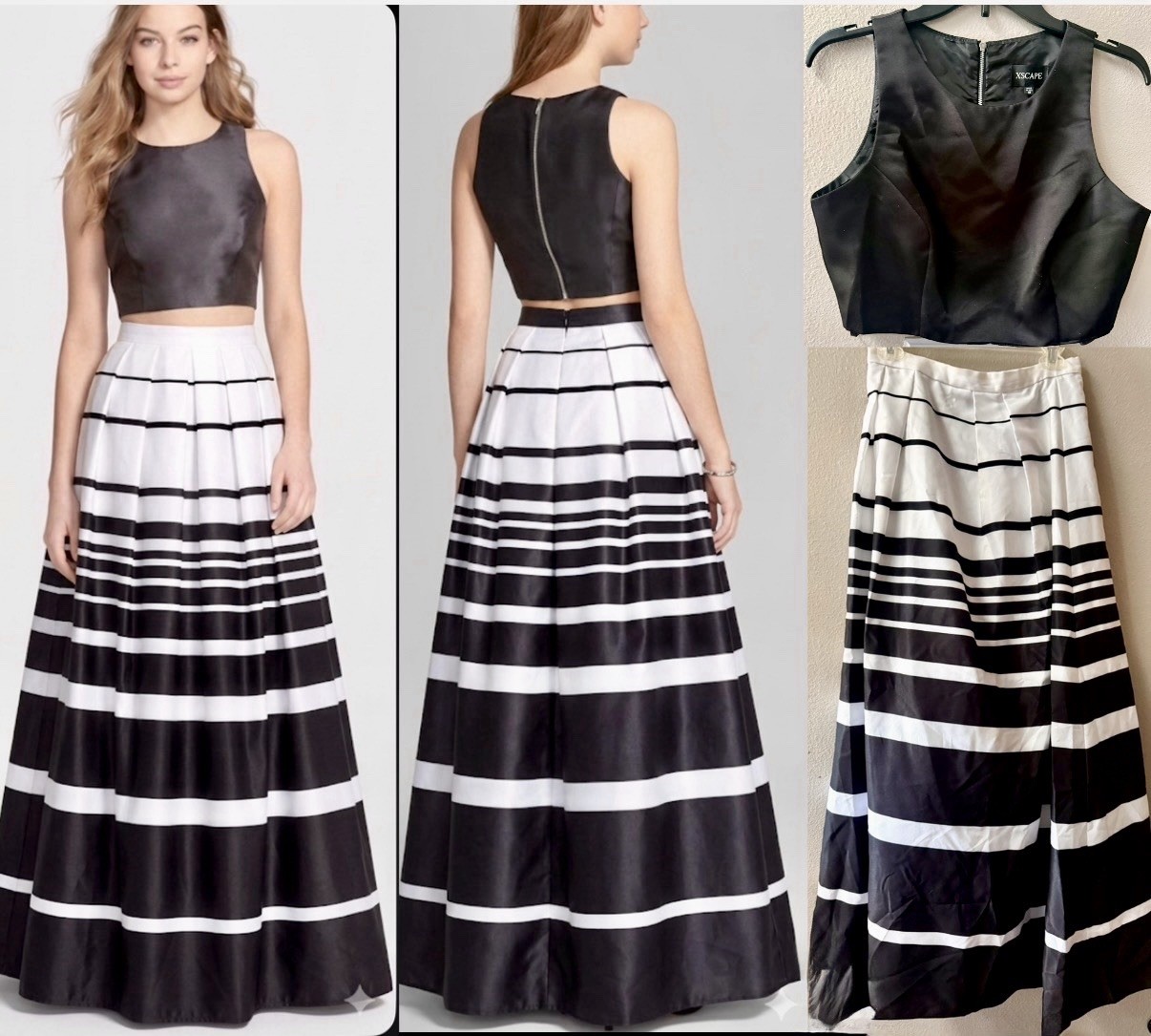 Xscape 2pc. Ball Gown Black Satin Crop Top & Striped Maxi Skirt Sz.10