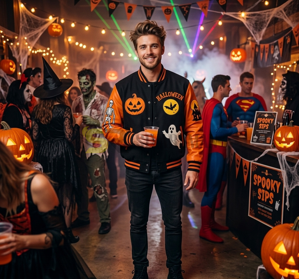 Halloween Varsity Jacket Mens Womens Wool Letterman Genuine Leather Sleeves