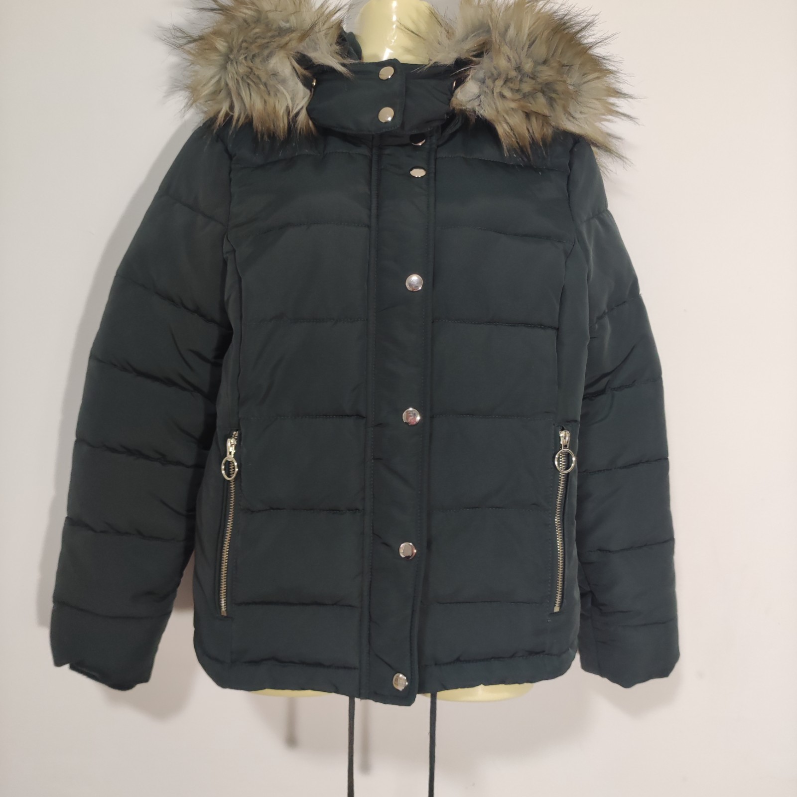 Topshop Dark Green Padded Jacket Removable Hood Faux Fur Trim Size UK 8