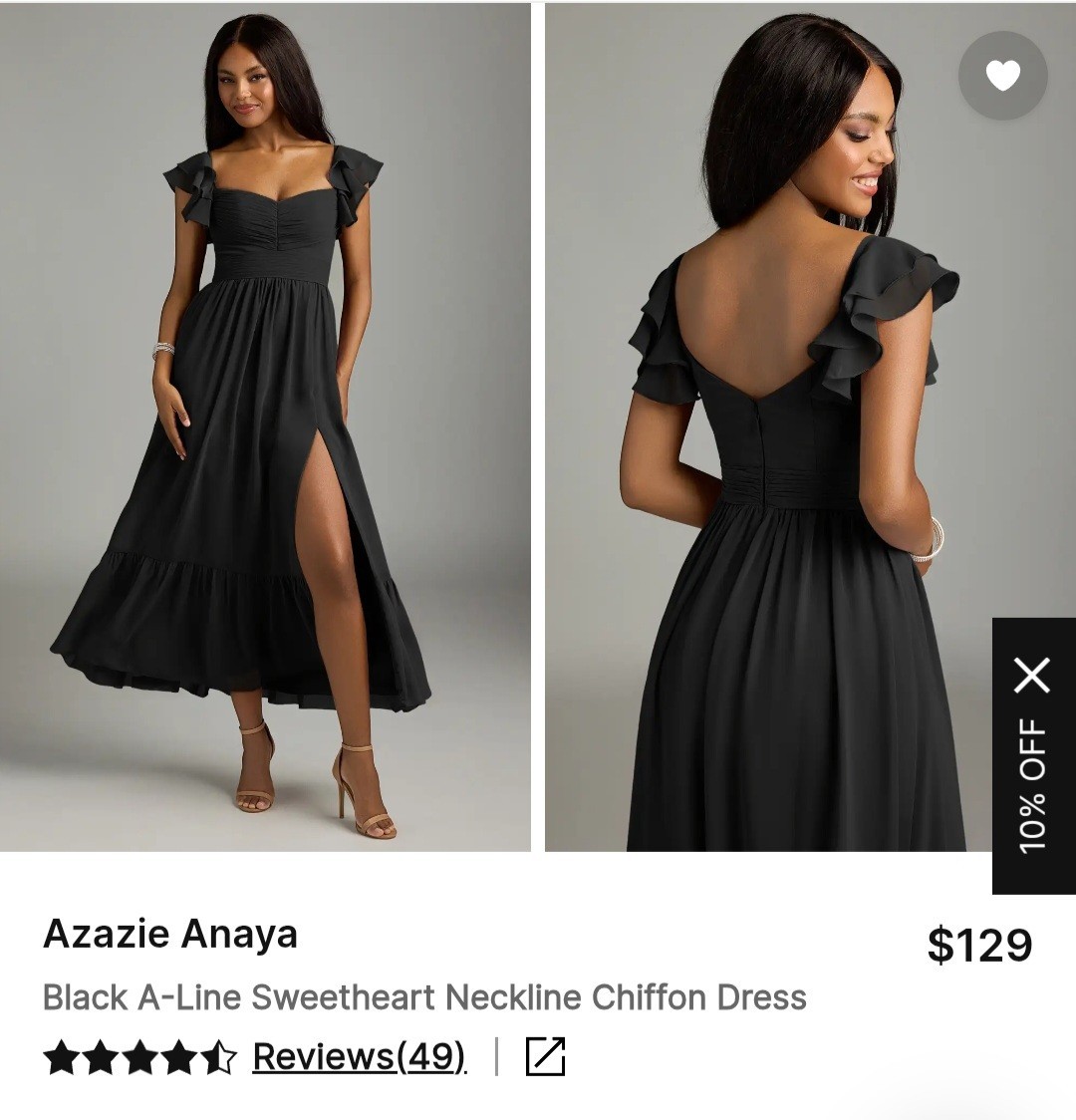 Azazie Womens Black Solid A-Line Dress 14 Sweetheart Flutter Sleeve Slit