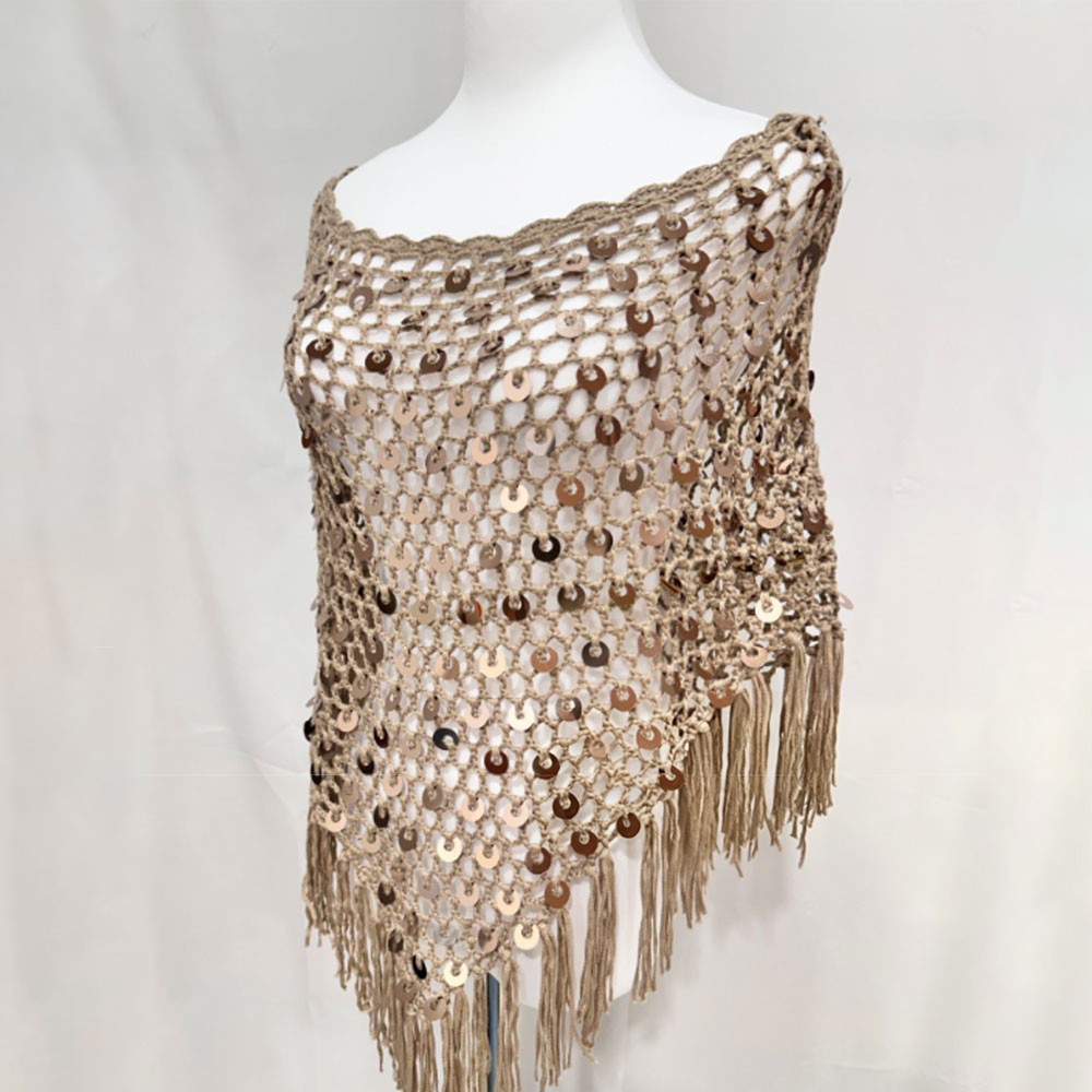 Boho Crochet Sequin Triangle Scarf Shawl Wrap Handmade Tassels for Women