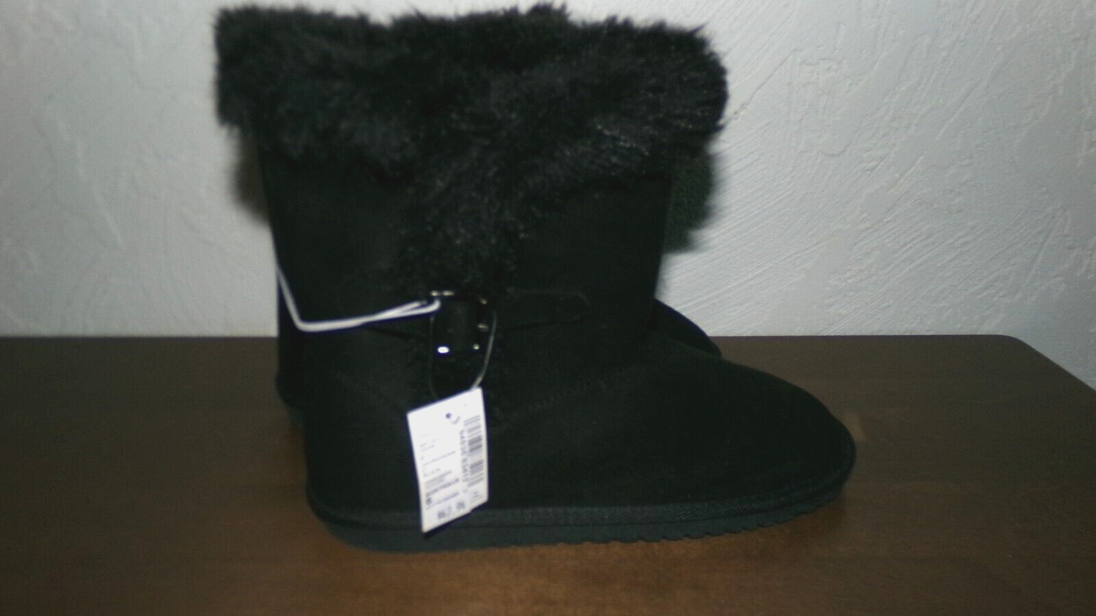 Cat & Jack Faux Suede Boots Girls Size 4 Black Faux Fur Trim Buckle Detail