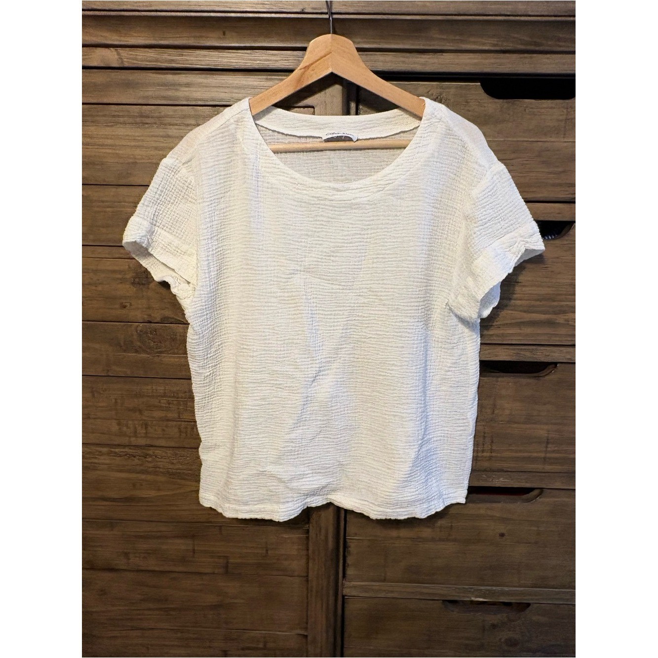 Calvin Klein White Textured Cotton Gauze Top M Minimalist Boho Summer Blouse