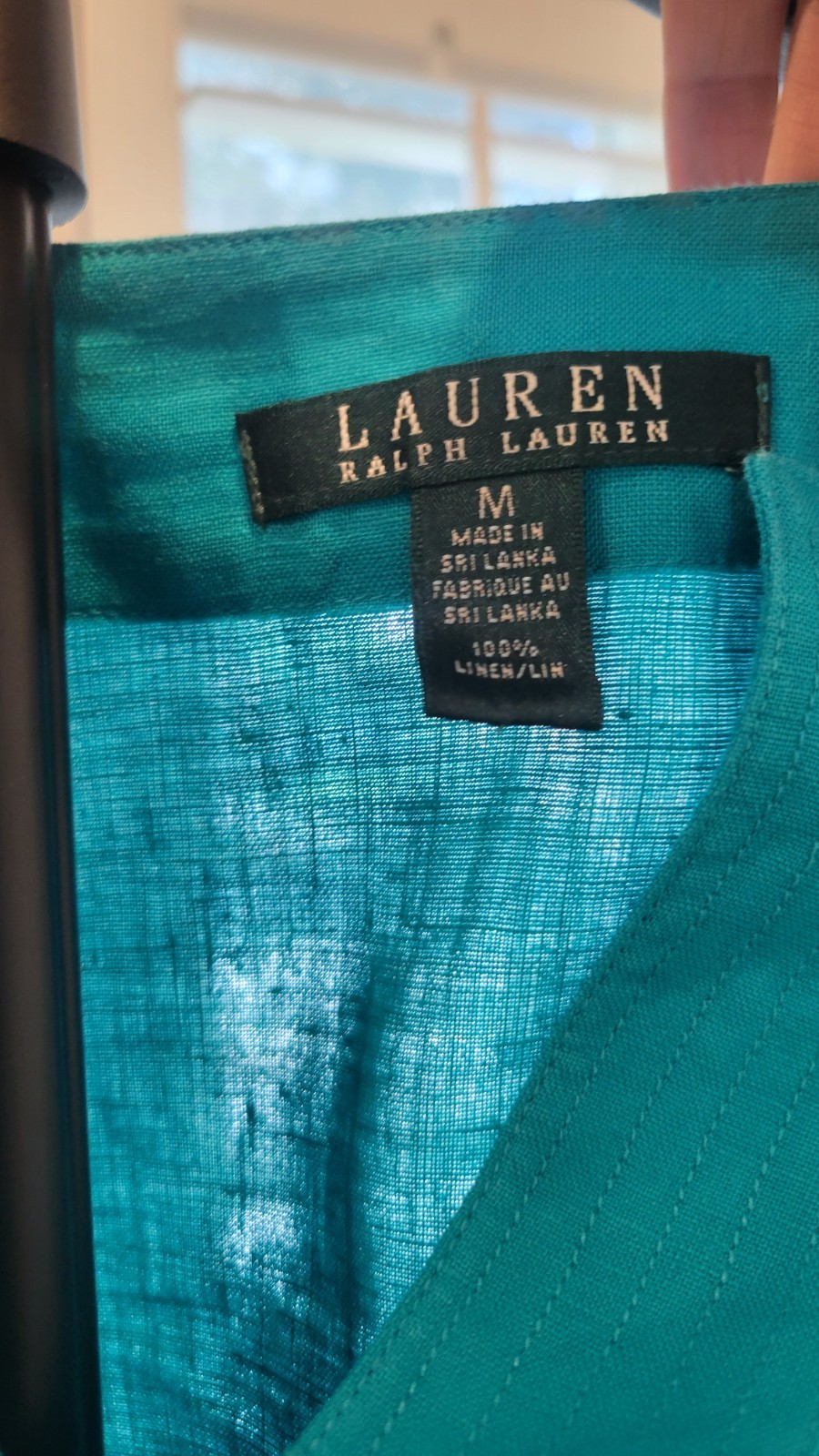 Lauren Ralph Lauren Teal 100% Linen Tunic Blouse V-Neck Roll Tab Sleeve M