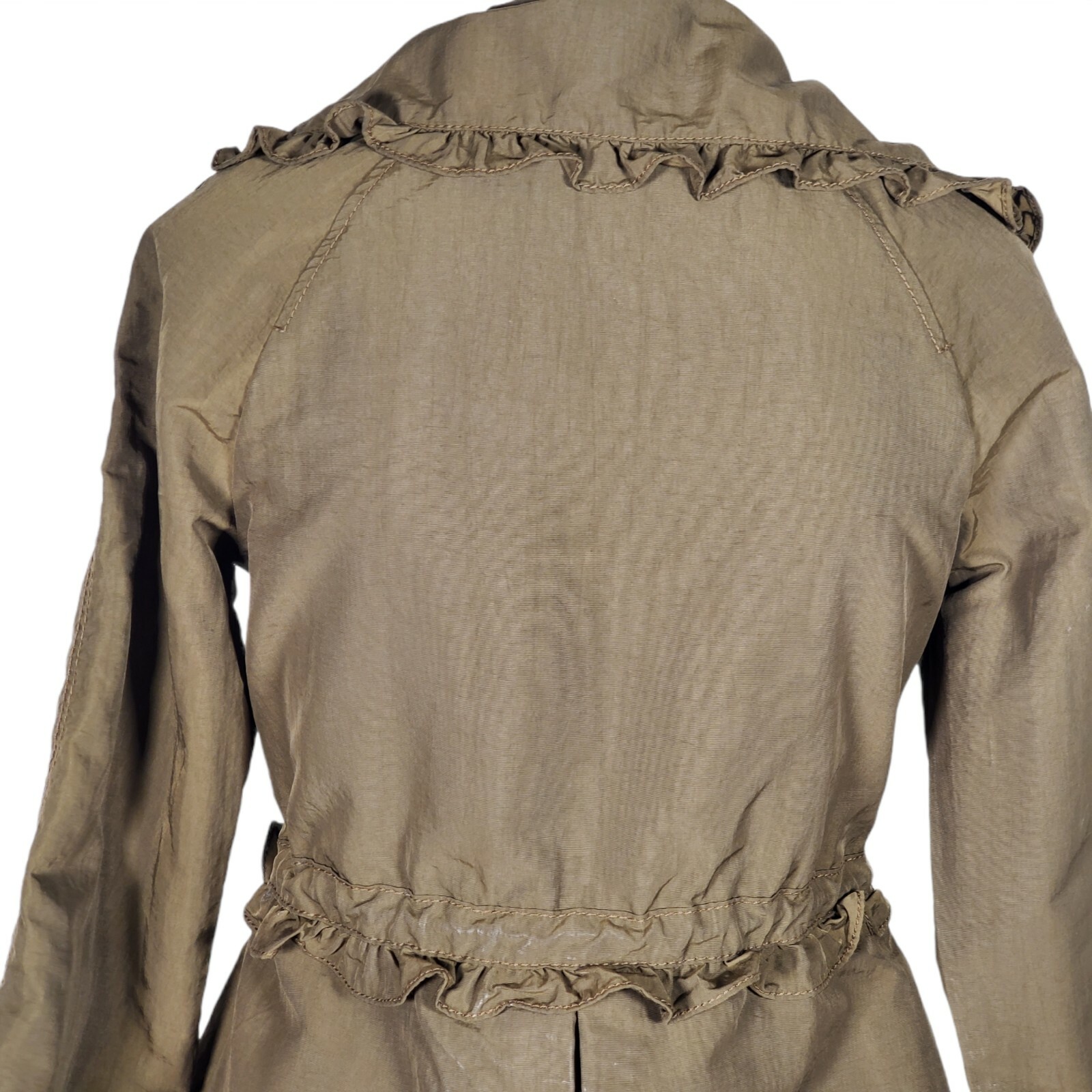 LOFT Bomber Jacket Coat Olive Green Army Ruffle Cinched Adjustable Wasit