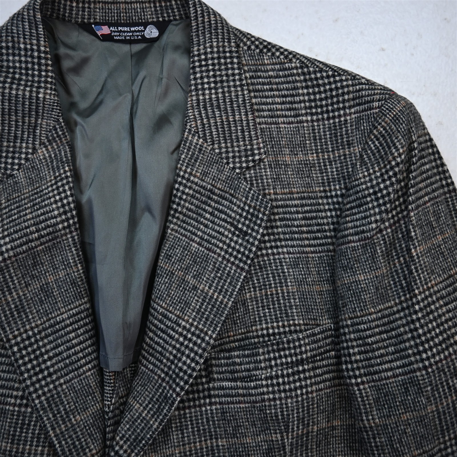 Vtg USA 42R Gray Glenn Check 100% Wool Thick Flannel Blazer Jacket Sport Coat