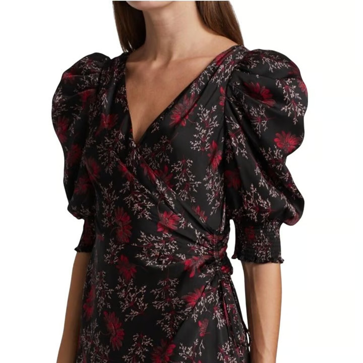 Cinq A Sept Tumbled Daisy Kacy Wrap Dress Raspberry Size 4 Puff Sleeve $425