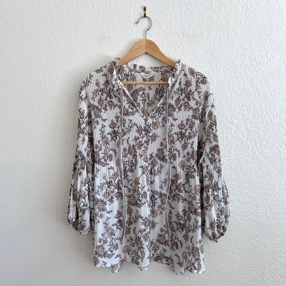 Max Studio Floral Pleated Peasant Blouse Boho Chic Balloon Sleeve Brown White 3X