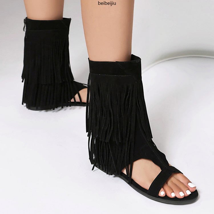 Women’s Tassel Gladiator Roman Bohemia Ankle Boots Vintage Sandals Shoes Flats