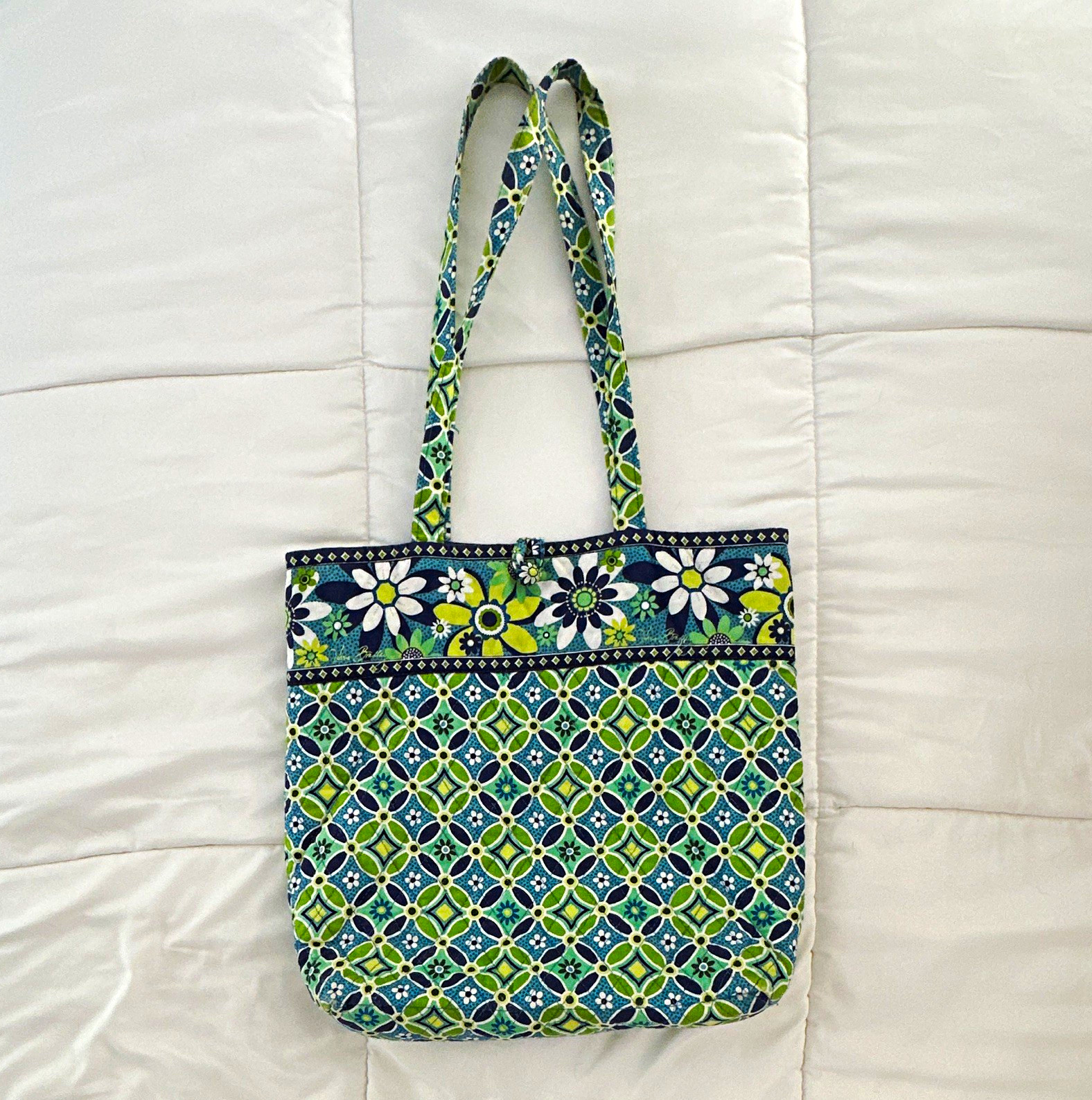 Women’s Blue/Green/White Floral Quilted Tote Bag, Double Handles Casual