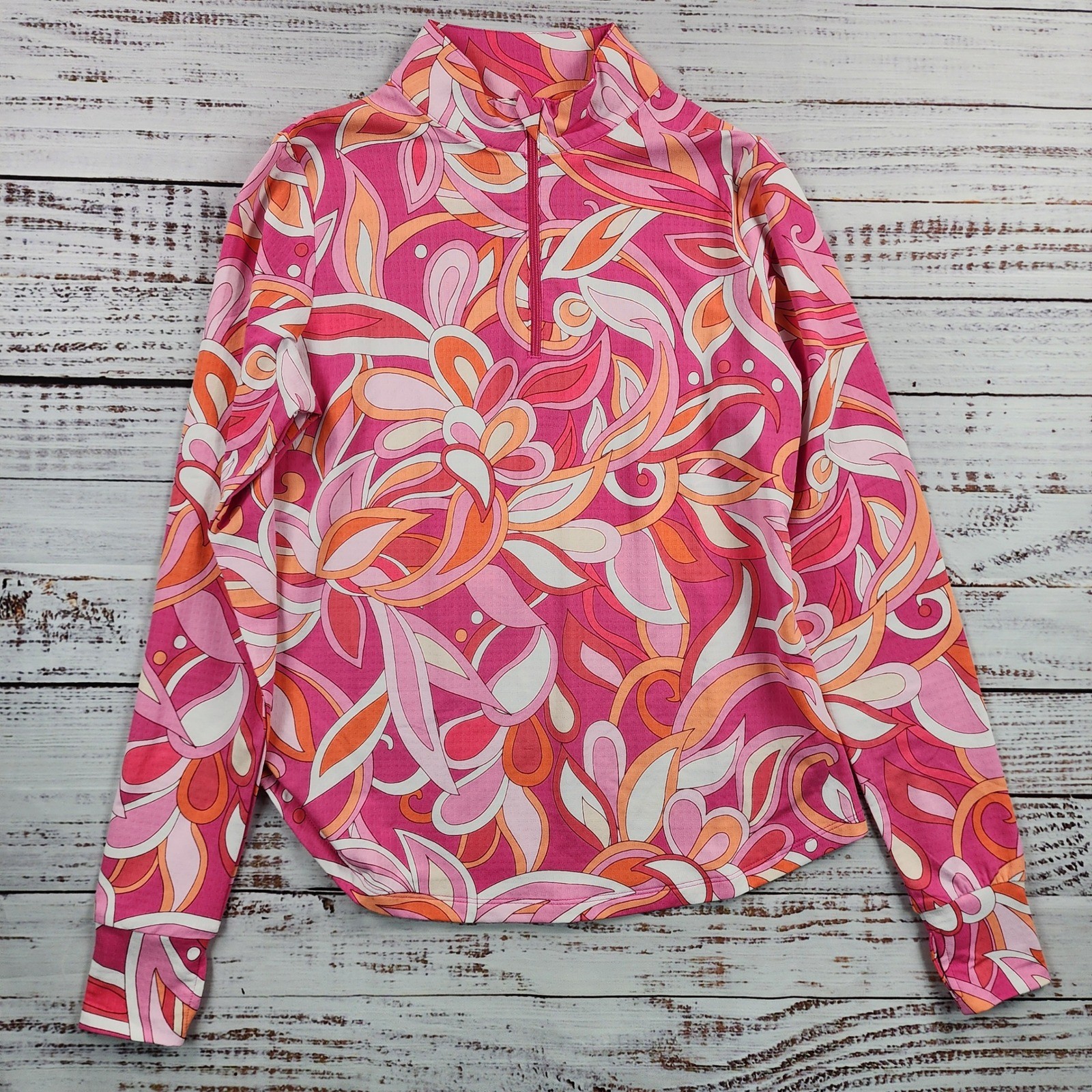 IBKUL MegaHeat Womens Pink Orange Floral Psychedelic Mock Neck Quarter Zip Top S
