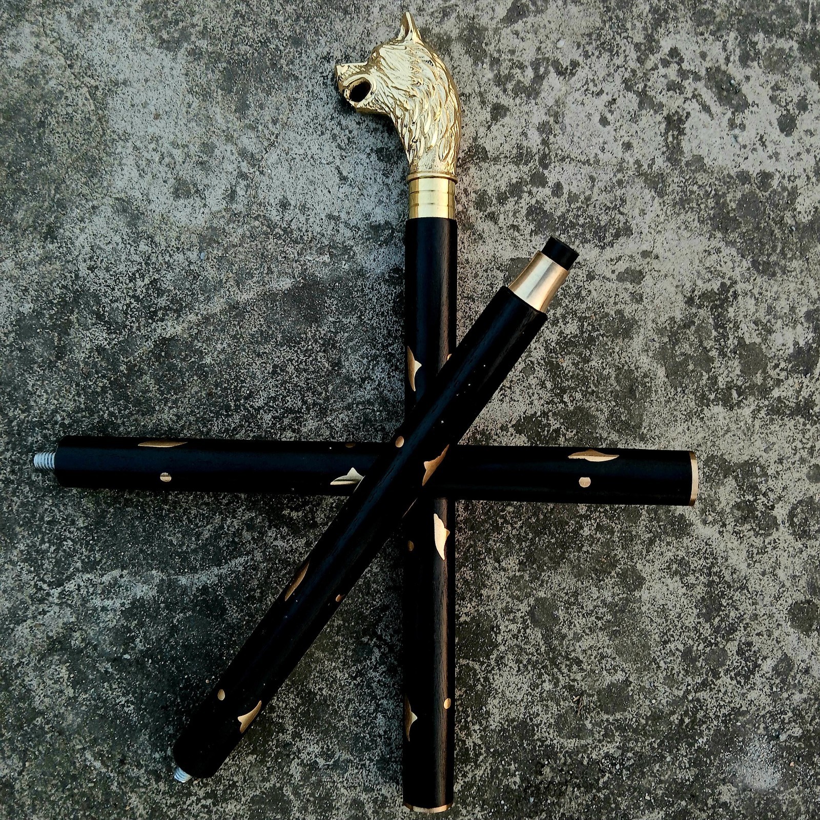 Brass Wolf Head Walking Cane: Gothic Medieval Style, Wooden Shaft