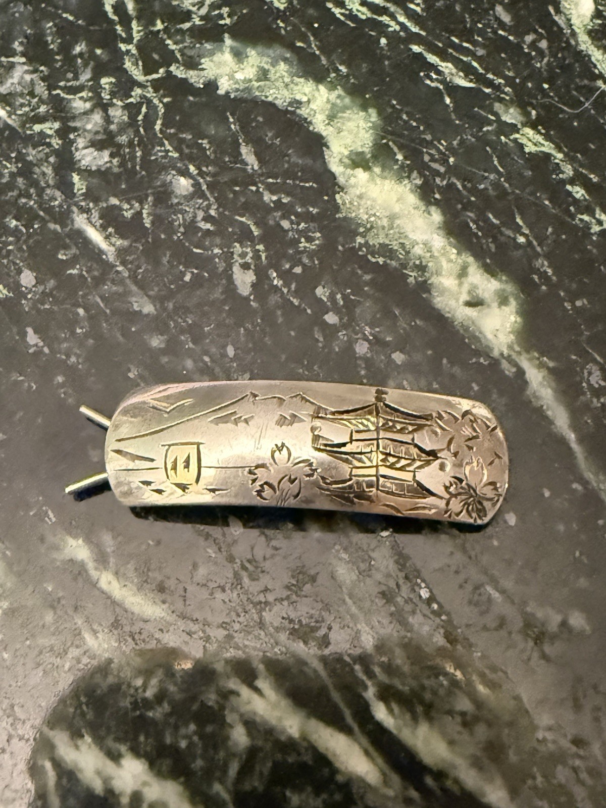 Vintage Sterling Silver 950 Rectangle Hairpin Clip Barrette Japanese Temple 2g