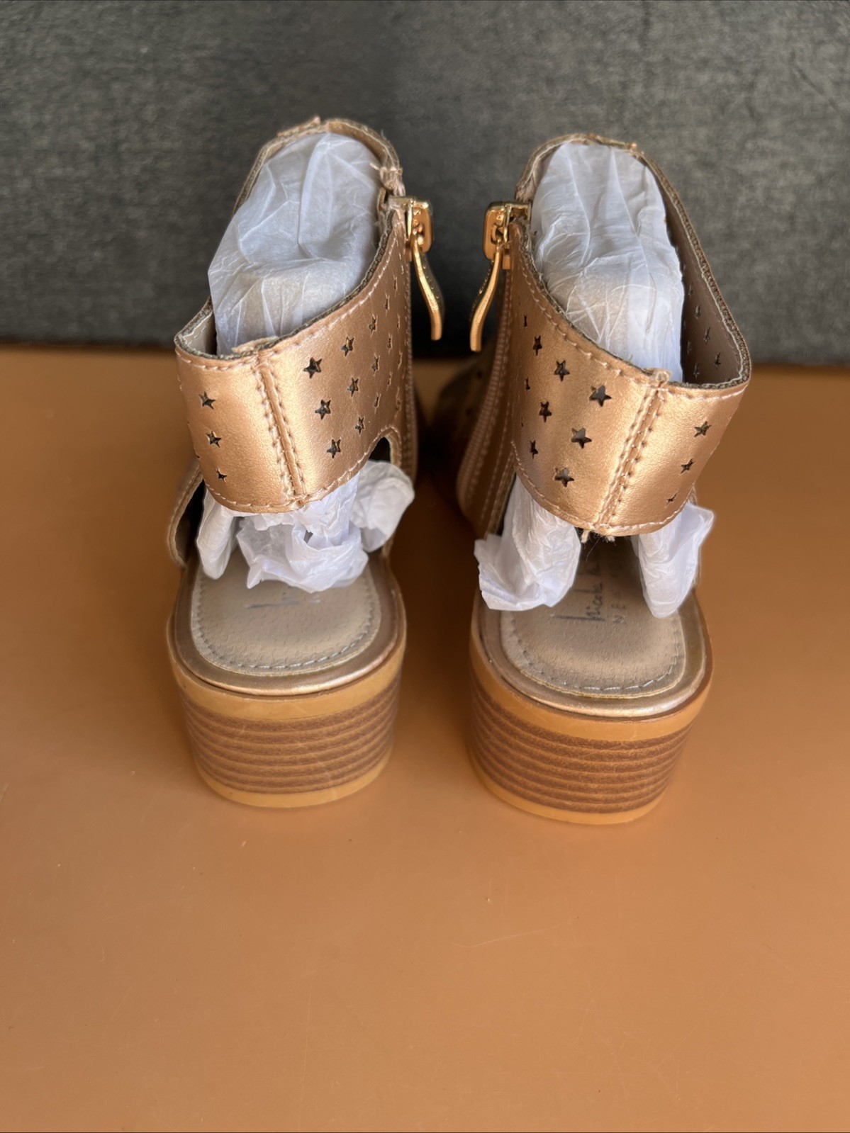Nicole Miller Shoes Size 4 Gold, Star, Open Toe Zip Boot Open Heel