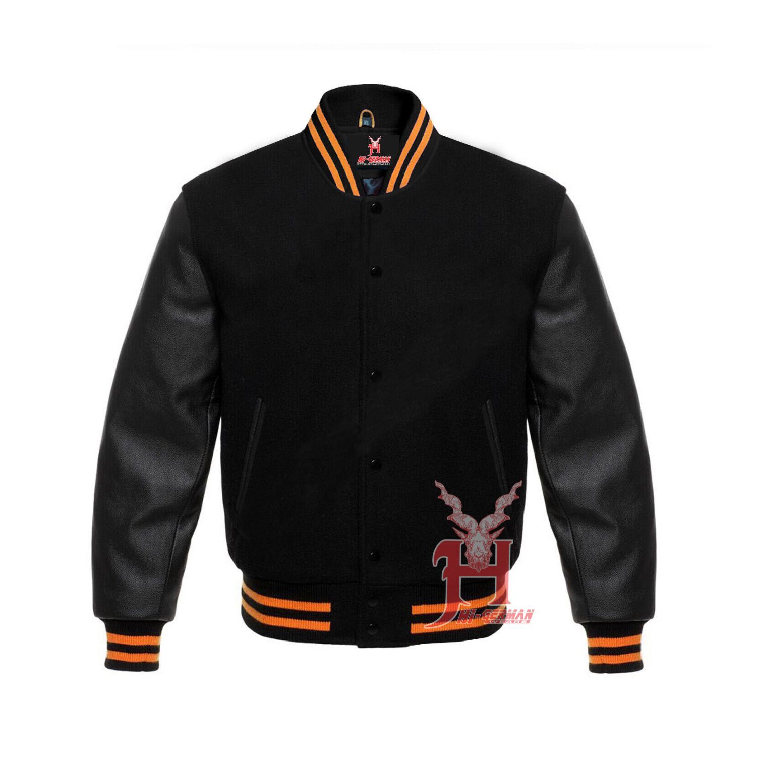 Varsity Men’s Letterman Baseball Black Wool Genuine Black Leather Sleeves Jacket