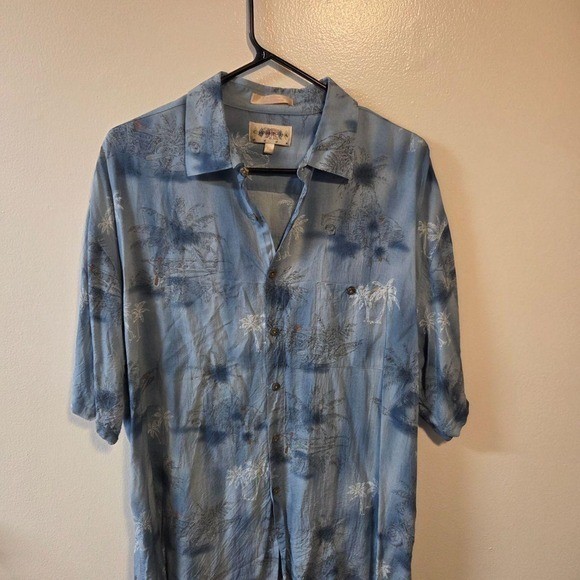 Campia Moda Mens XL Blue Rayon Palm Tree Tropical Hawaiian Button Down Shirt