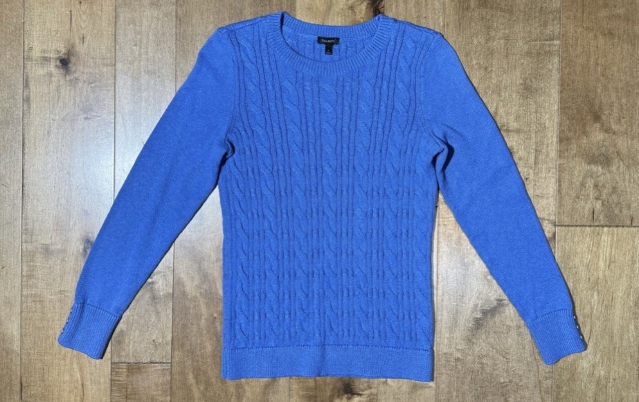 Talbots Blue Cable-Knit Crew Neck Pullover Sweater, Long Sleeve, Button S