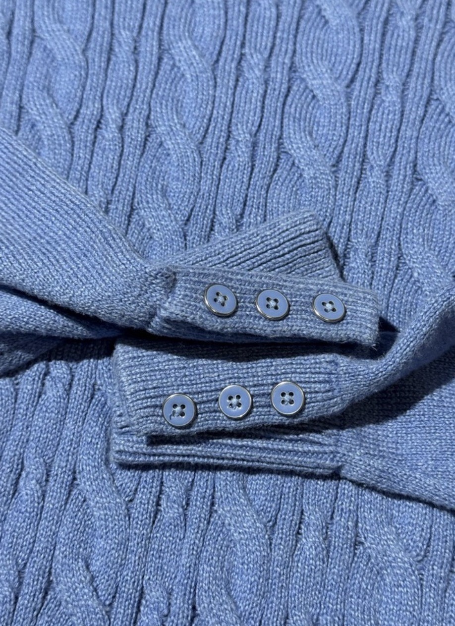 Talbots Blue Cable-Knit Crew Neck Pullover Sweater, Long Sleeve, Button S