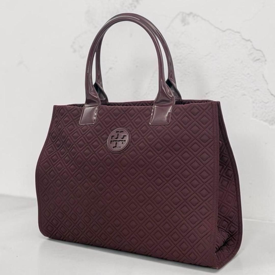 Tory Burch Ella A4 Storage Tote Bag Double T Logo Quilted Bordeaux