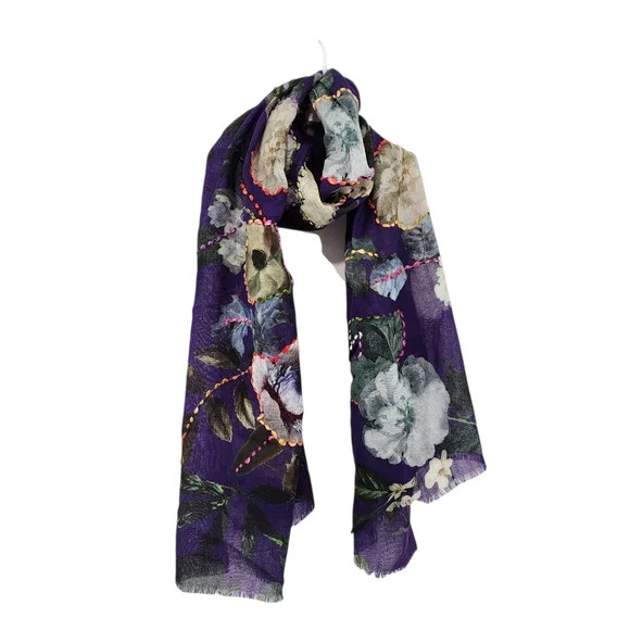 Indigo Floral Embroidered Wool Scarf HCB027 Made in India NEW IN PACKAGING!
