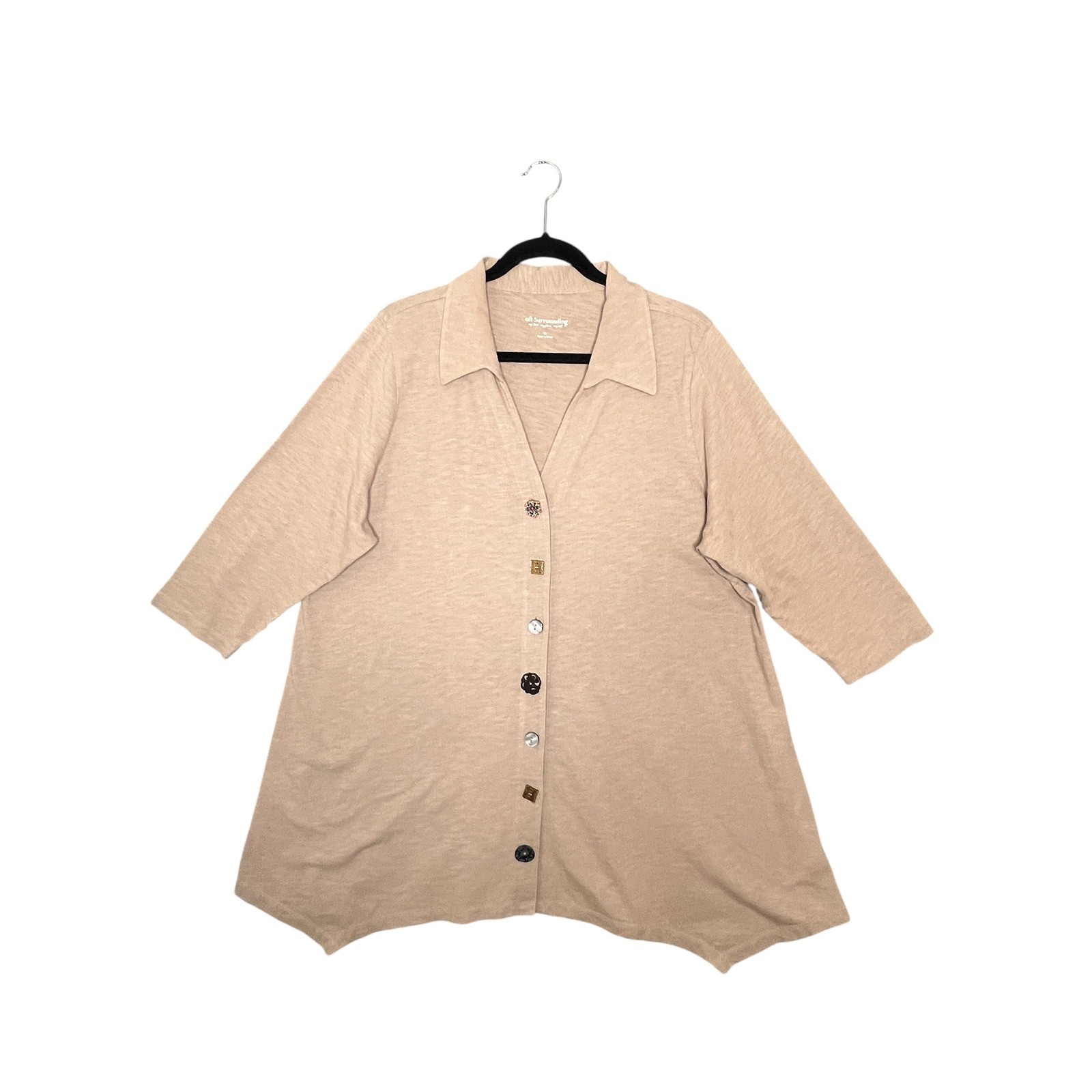 Soft Surroundings 1X Beige Cotton Slub Knit Mix Button Tunic Top Lagenlook Boho
