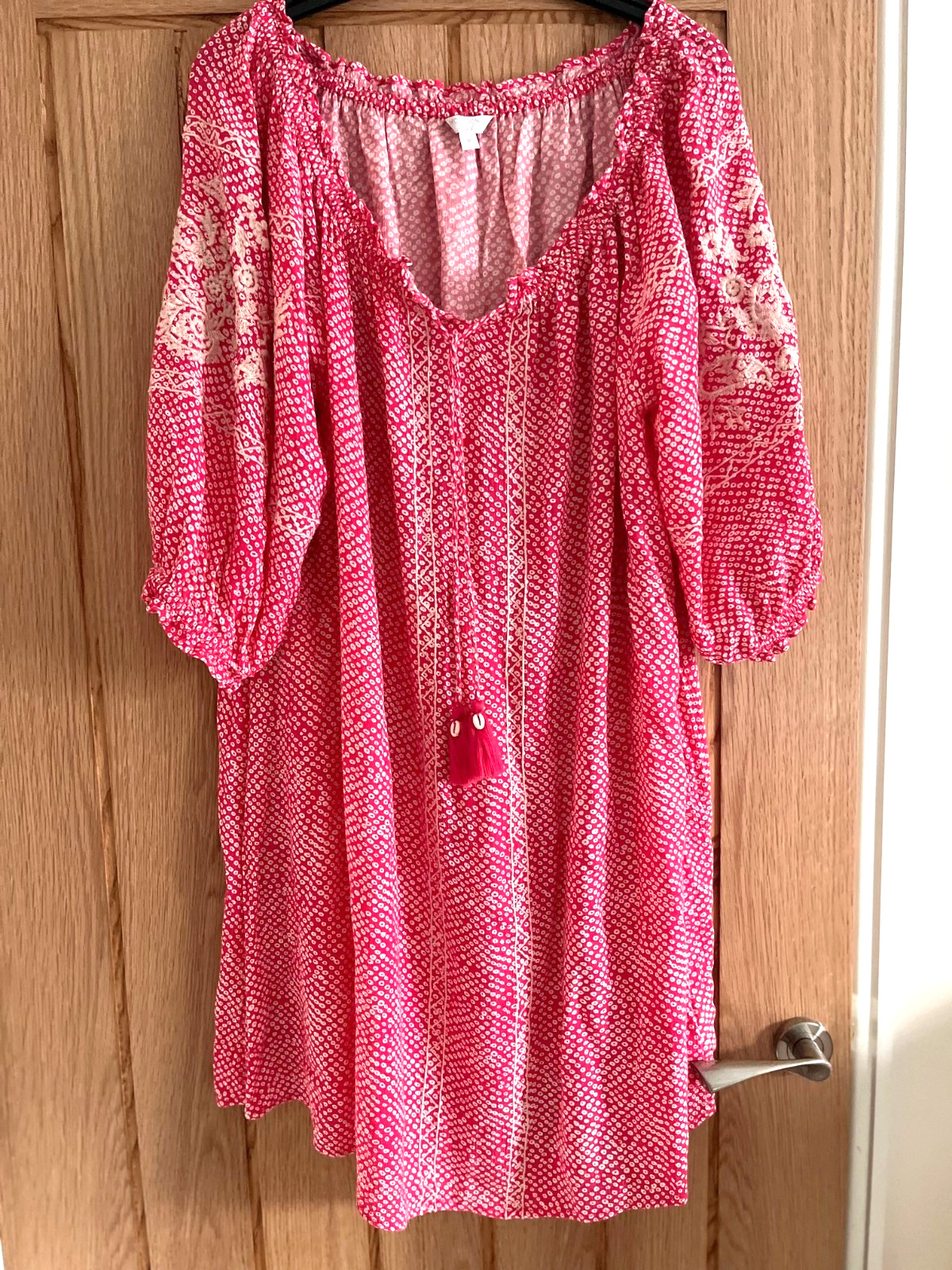 Monsoon Raspberry Red/Pink & White On-Off Shoulder Beach Dress, Size M, 16-18